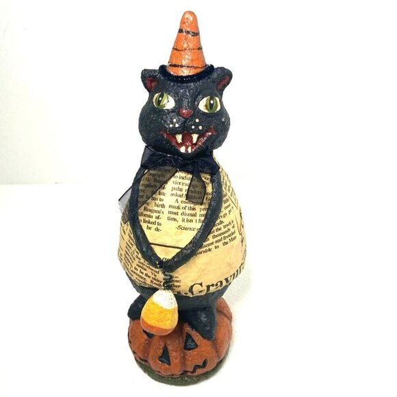 Vintage Paper Mache? Resin? Halloween Cat Figurine Newspaper Pumpkin Candy Corn